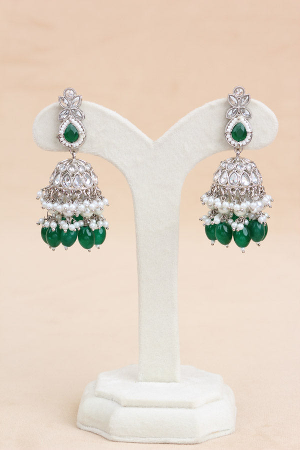Polki Necklace Set With Green Pearls Attached With Jhumka Earrings And Small Tikka (NS014-G-Polki)