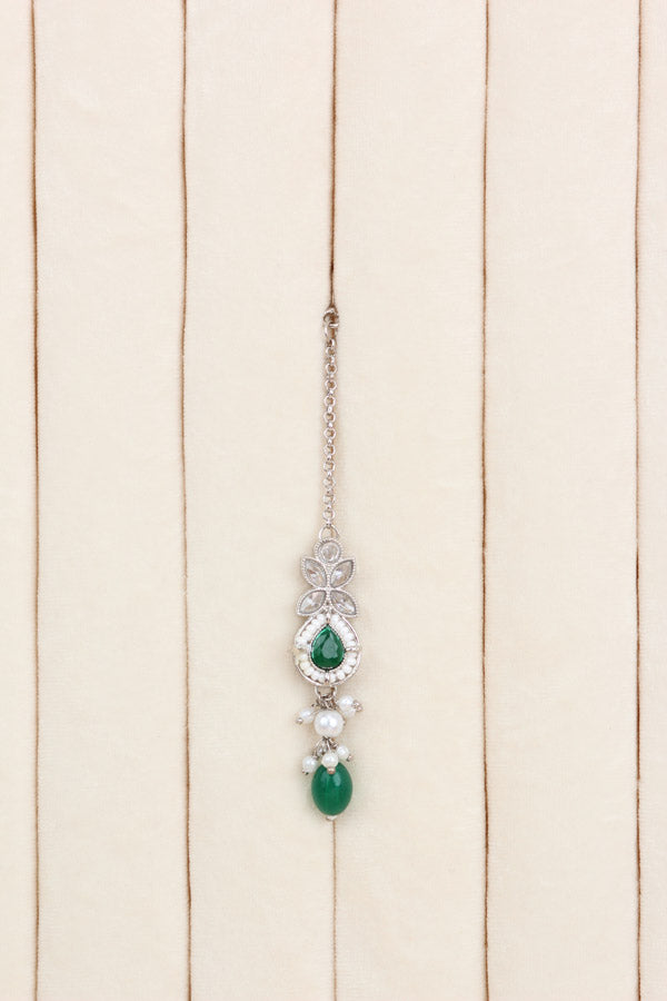 Polki Necklace Set With Green Pearls Attached With Jhumka Earrings And Small Tikka (NS014-G-Polki)