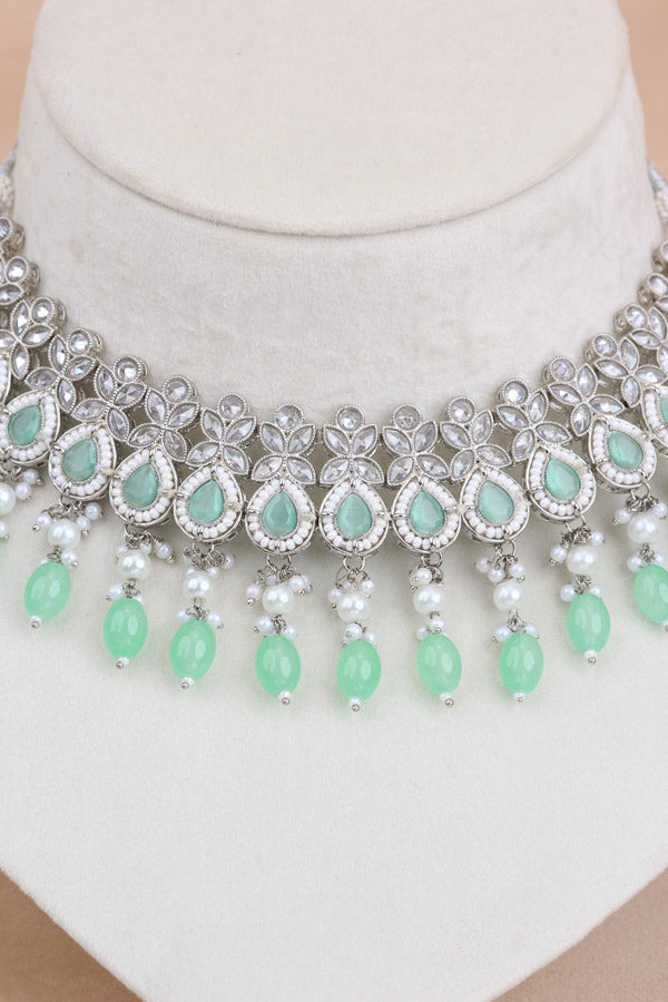 Polki Necklace Set With Light Green Pearls Attached With Jhumka Earrings And Small Tikka (NS014-LG-Polki)