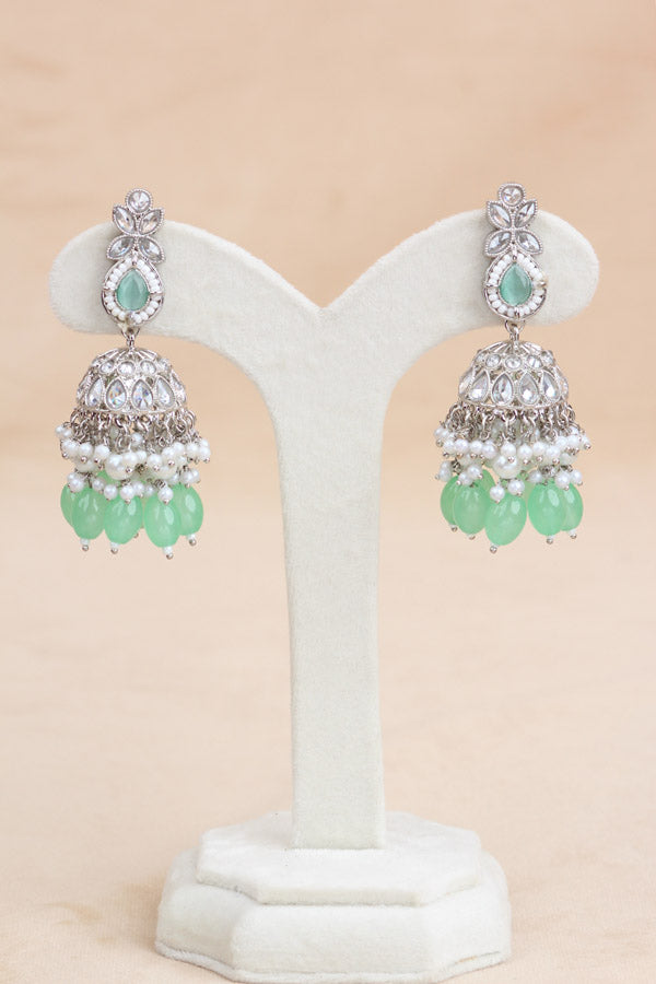 Polki Necklace Set With Light Green Pearls Attached With Jhumka Earrings And Small Tikka (NS014-LG-Polki)