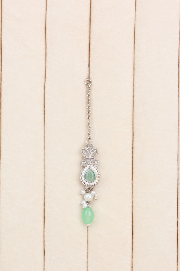 Polki Necklace Set With Light Green Pearls Attached With Jhumka Earrings And Small Tikka (NS014-LG-Polki)