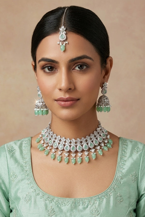 Polki Necklace Set With Light Green Pearls Attached With Jhumka Earrings And Small Tikka