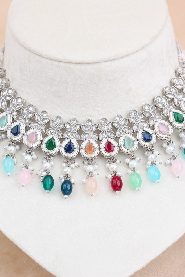 Polki Necklace Set With Multi Pearls Attached With Jhumka Earrings And Small Tikka (NS014-MU-Polki)