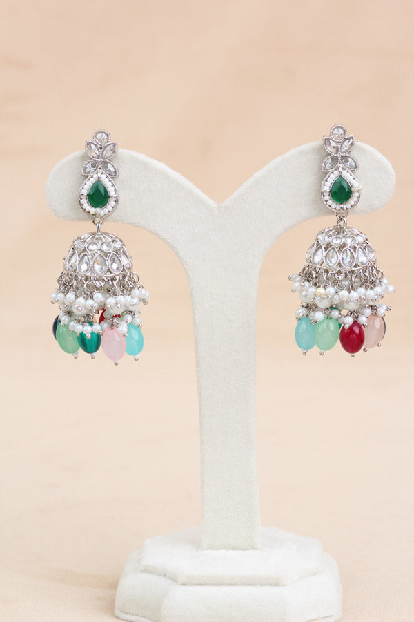 Polki Necklace Set With Multi Pearls Attached With Jhumka Earrings And Small Tikka (NS014-MU-Polki)