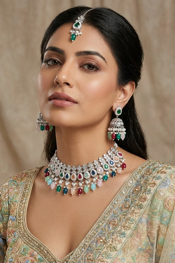 Polki Necklace Set With Multi Pearls Attached With Jhumka Earrings And Small Tikka