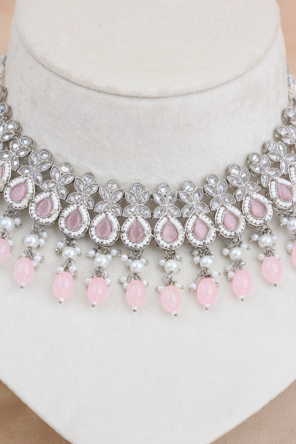 Polki Necklace Set With Pink Pearls Attached With Jhumka Earrings And Small Tikka (NS014-P-Polki)