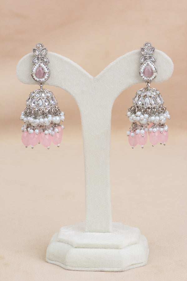 Polki Necklace Set With Pink Pearls Attached With Jhumka Earrings And Small Tikka (NS014-P-Polki)