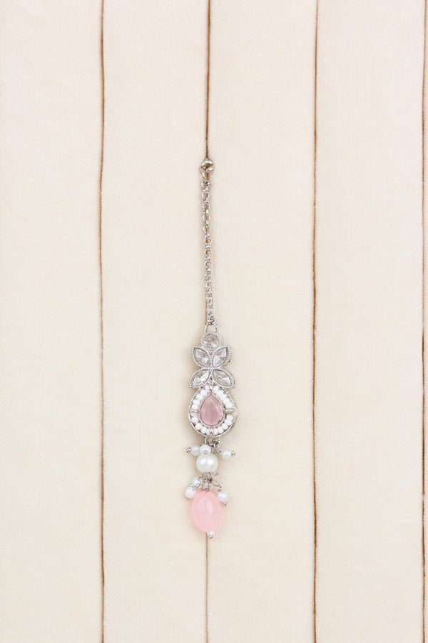 Polki Necklace Set With Pink Pearls Attached With Jhumka Earrings And Small Tikka (NS014-P-Polki)