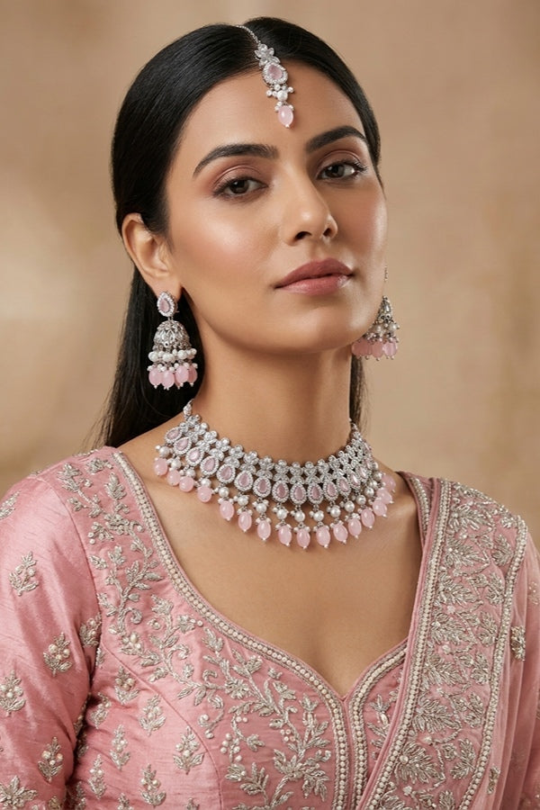 Polki Necklace Set With Pink Pearls Attached With Jhumka Earrings And Small Tikka