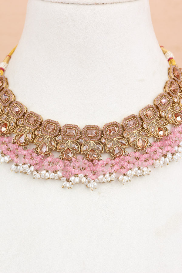 Pink Quality Polki Necklace With Large Earrings And Tikka (NS015-P-Polki-B2)