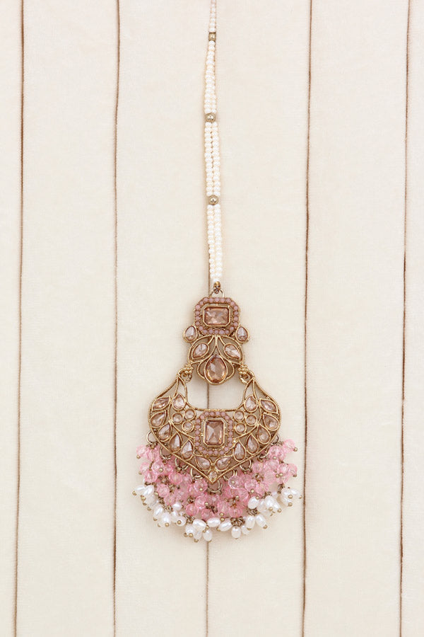 Pink Quality Polki Necklace With Large Earrings And Tikka (NS015-P-Polki-B2)