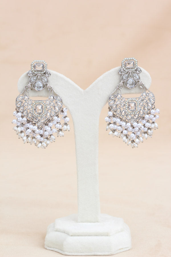 White Quality Polki Necklace With Large Earrings And Tikka (NS015-S-Polki-B2)