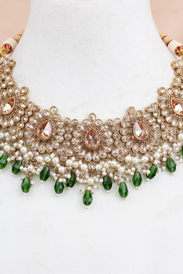 Green Premium Quality Large Polki Necklace Set With Jhumka Earrings And Tikka (NS016-G-Polki-B2)