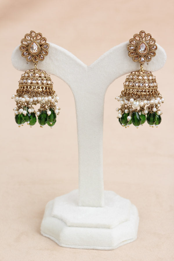 Green Premium Quality Large Polki Necklace Set With Jhumka Earrings And Tikka (NS016-G-Polki-B2)