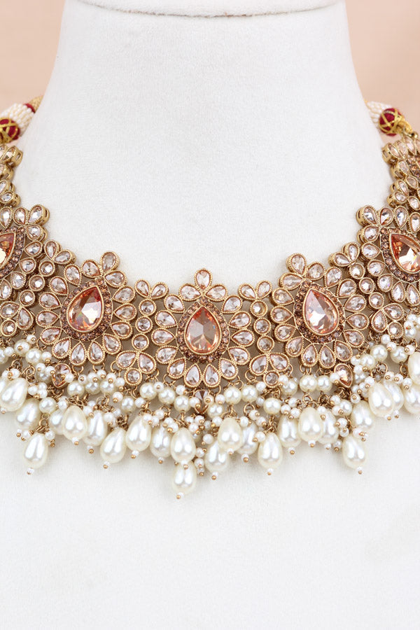 Golden Premium Quality Large Polki Necklace Set With Jhumka Earrings And Tikka (NS016-GO-Polki-B2)