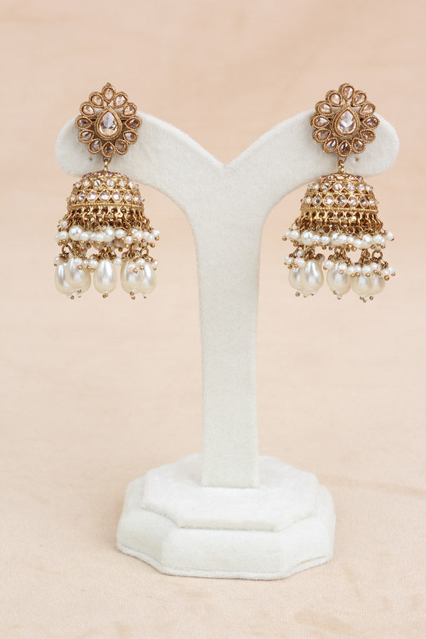 Golden Premium Quality Large Polki Necklace Set With Jhumka Earrings And Tikka (NS016-GO-Polki-B2)