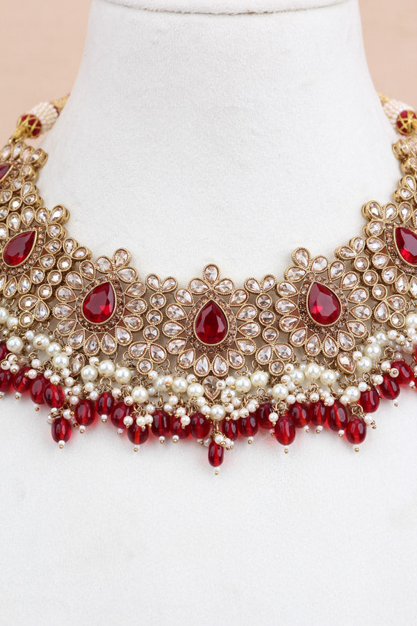 Red Premium Quality Large Polki Necklace Set With Jhumka Earrings And Tikka (NS016-R-Polki-B2)