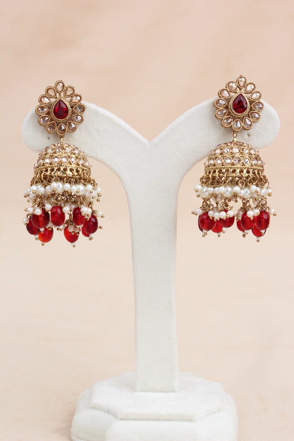 Red Premium Quality Large Polki Necklace Set With Jhumka Earrings And Tikka (NS016-R-Polki-B2)