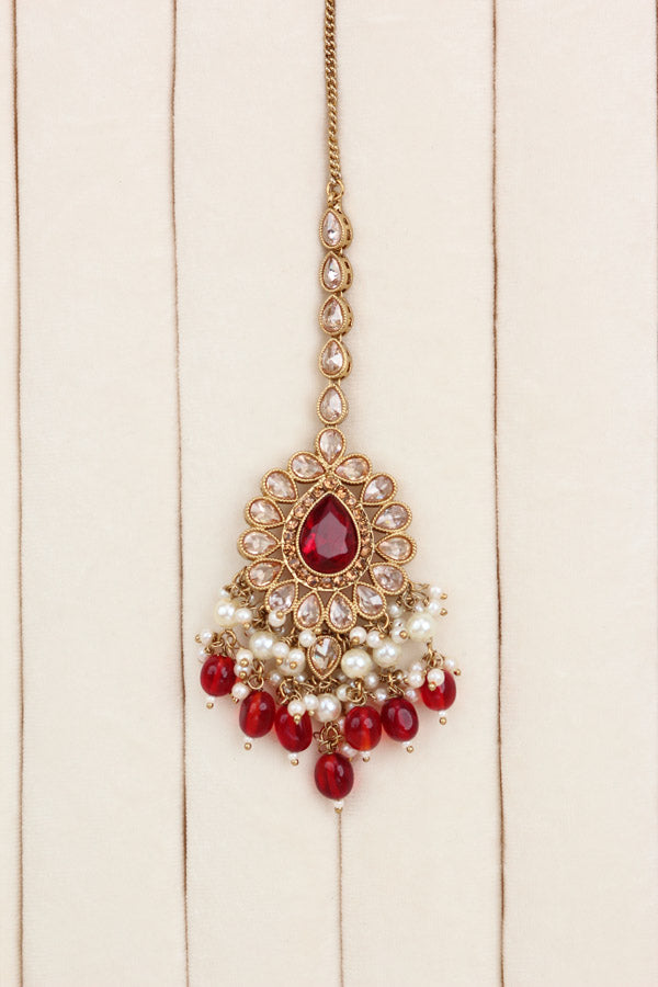 Red Premium Quality Large Polki Necklace Set With Jhumka Earrings And Tikka (NS016-R-Polki-B2)