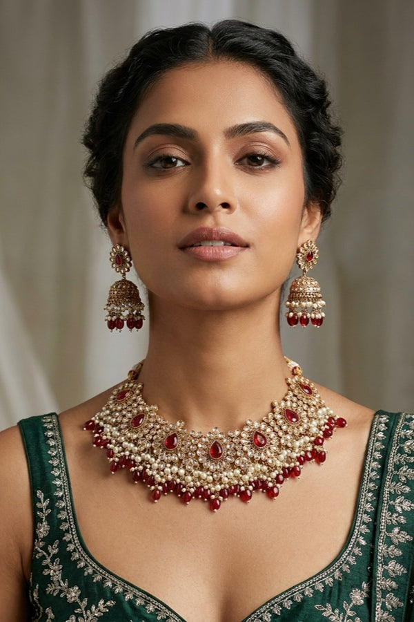 Red Premium Quality Large Polki Necklace Set With Jhumka Earrings And Tikka