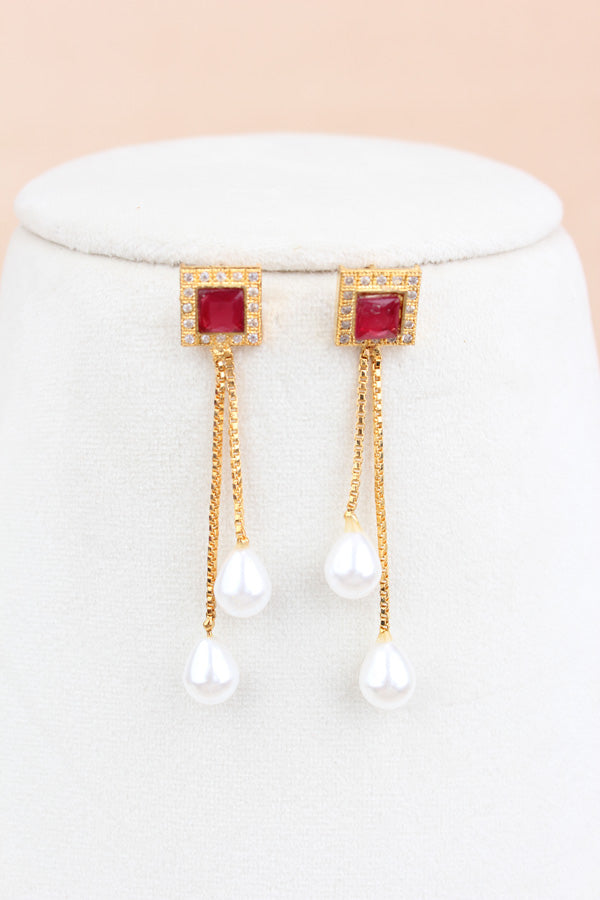 Simple And Elegant Pendant Set With Red And Green Stones And White Pearls Attached Also Matching Earrings (PS001-RG)