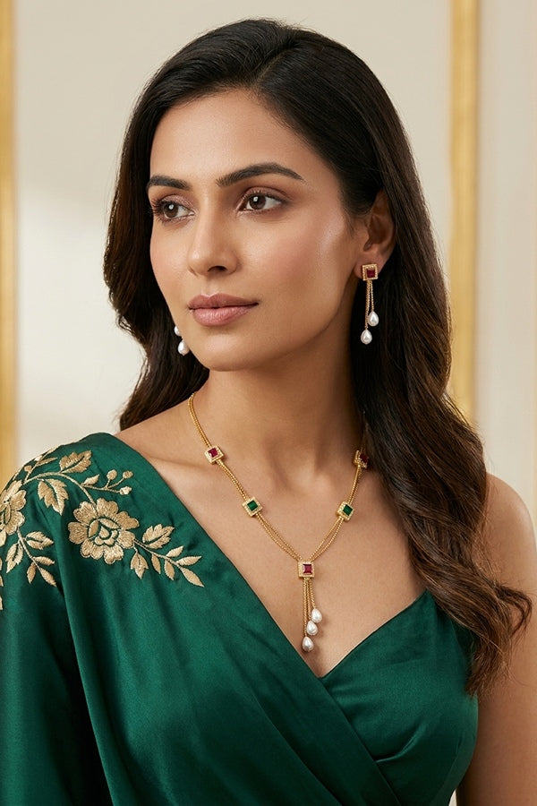 Simple And Elegant Pendant Set With Red And Green Stones And White Pearls Attached Also Matching Earrings