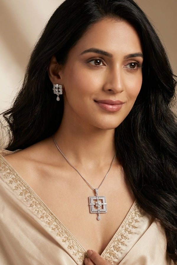 Pendant Set With Flower In Center And Small Matching Earrings