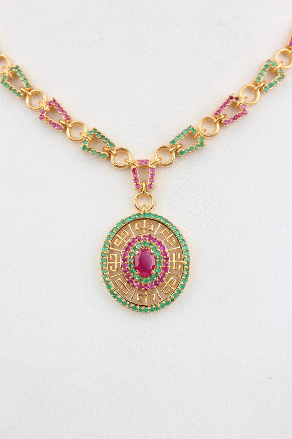 Gold Polish Pendant Set With Design On Chain And Matching Earrings (PS004-MU)