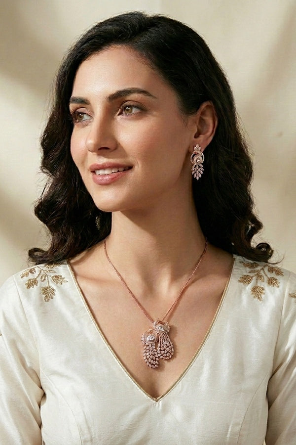 Pendant Set With American Diamonds And Double Design Also Matching Earrings