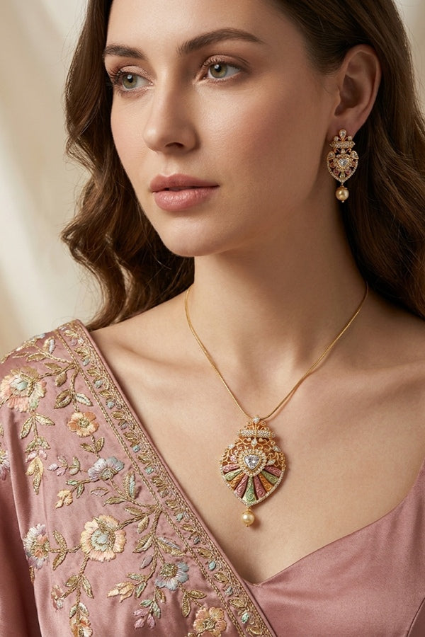 Pendant Set In Colours And American Diamonds With Matching Earrings
