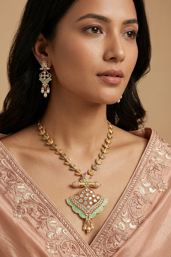 Pendant Set in multi Colours And American Diamonds With Matching Earrings