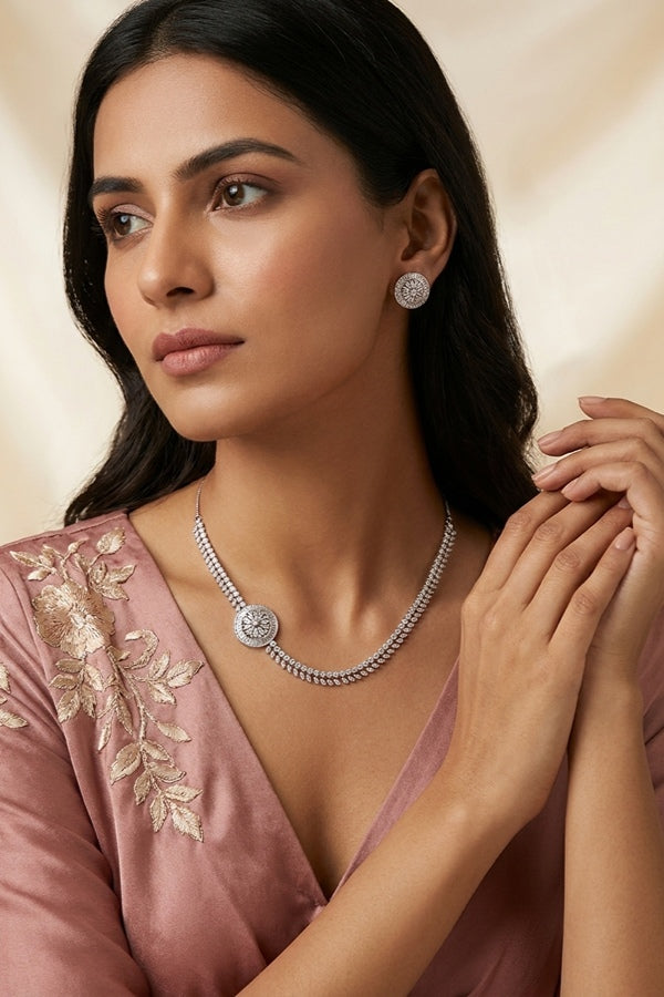 Premium Quality Silver Polish Pendant Set With American Diamonds And Stud Earrings
