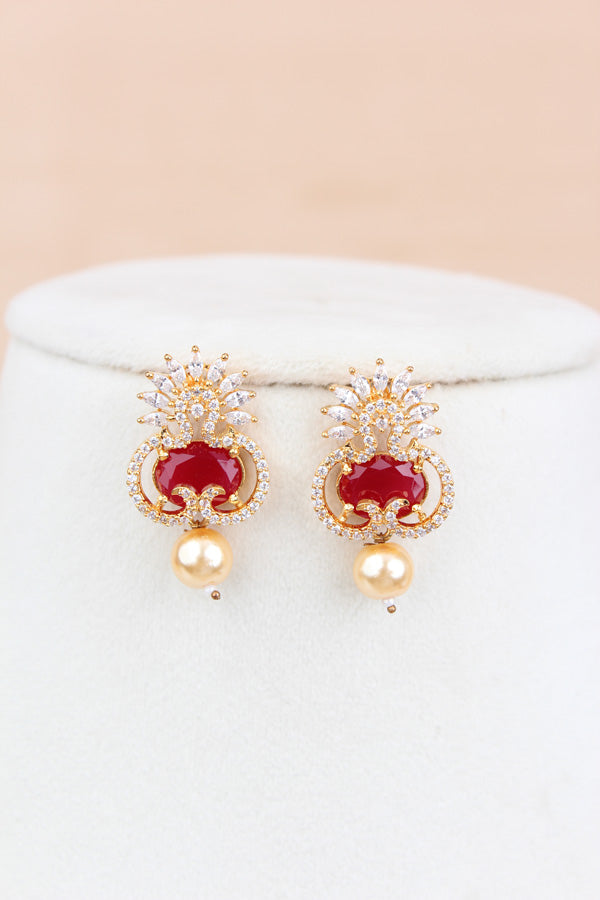 Premium Quality Gold Polish Pendant Set With American Diamonds Center Ruby Stone And Matching Earrings (PS017)