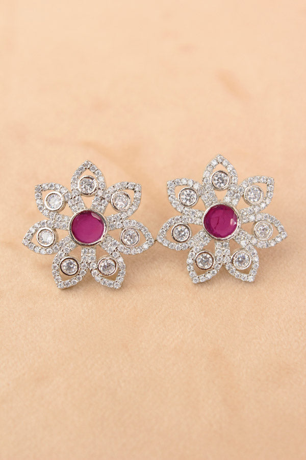 Flower Studs In Magenta Colour With American Diamonds (ST003-MA-B1)