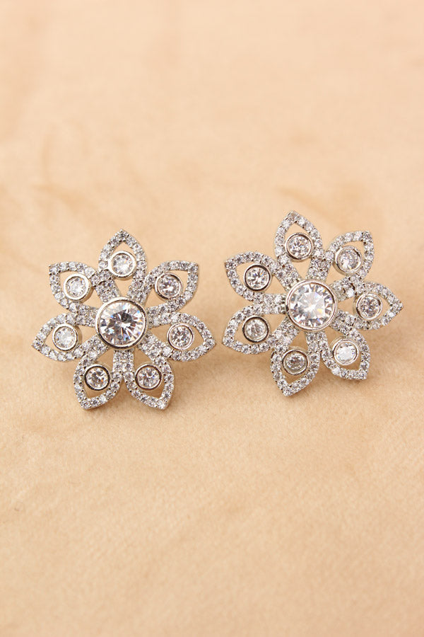 Flower Studs In Silver Colour With American Diamonds (ST003-S-B1)