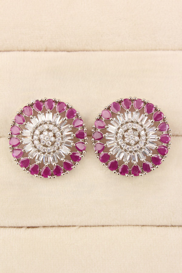 Round Flower Shape Studs In Purple Colour With American Diamonds (ST004-PU-B1)