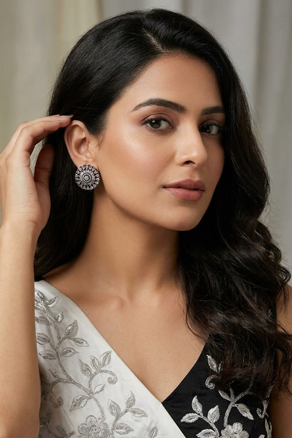 Round Flower Shape Studs In White Colour With American Diamonds