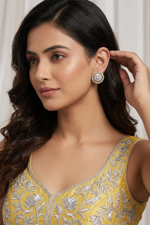 Round Flower Shape Studs In Yellow Colour With American Diamonds