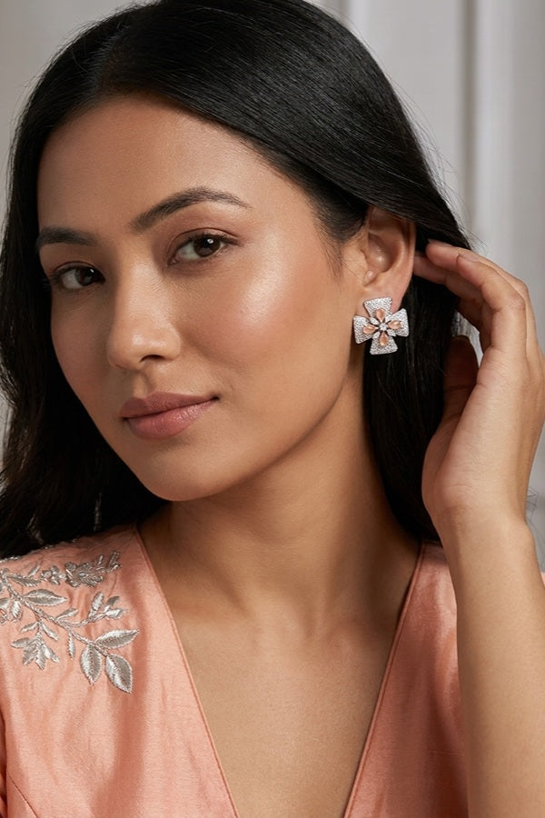 Studs With Double Flower With Peach Colour American Diamonds