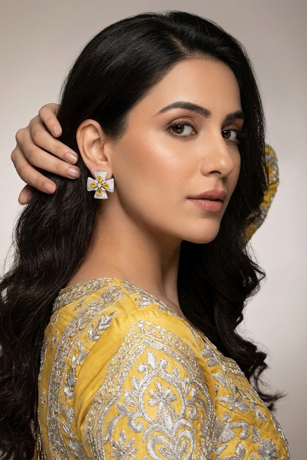 Studs With Double Flower With Yellow Colour American Diamonds