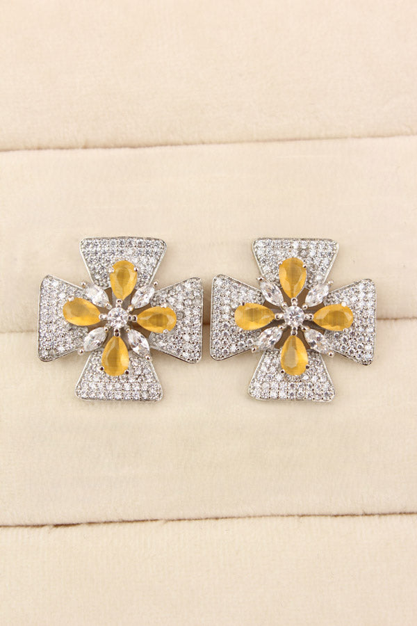 Studs With Double Flower With Yellow Colour American Diamonds (ST005-Y-B1)
