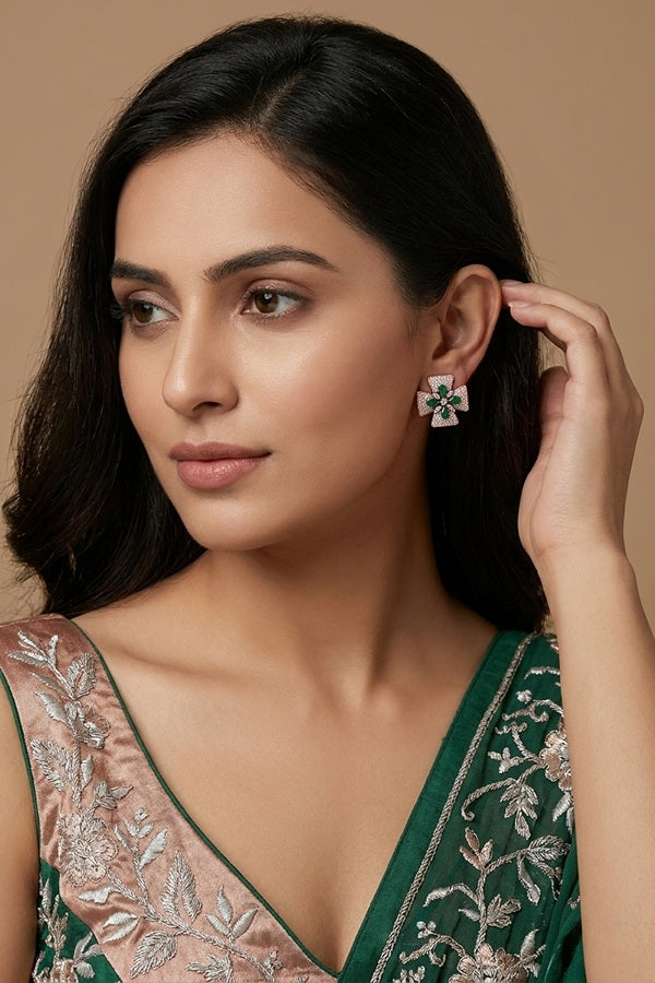 Studs With Double Flower With Green Colour American Diamonds