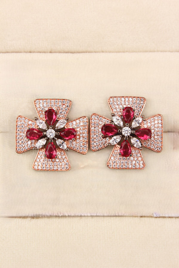 Studs With Double Flower With Ruby Colour American Diamonds (ST006-RU-B1)
