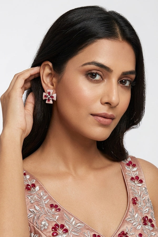 Studs With Double Flower With Ruby Colour American Diamonds