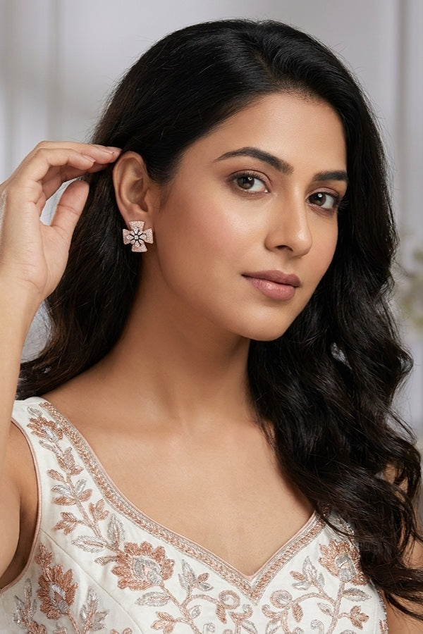Studs With Double Flower With White Colour American Diamonds