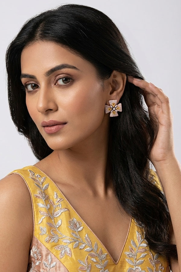 Studs With Double Flower With Yellow Colour American Diamonds