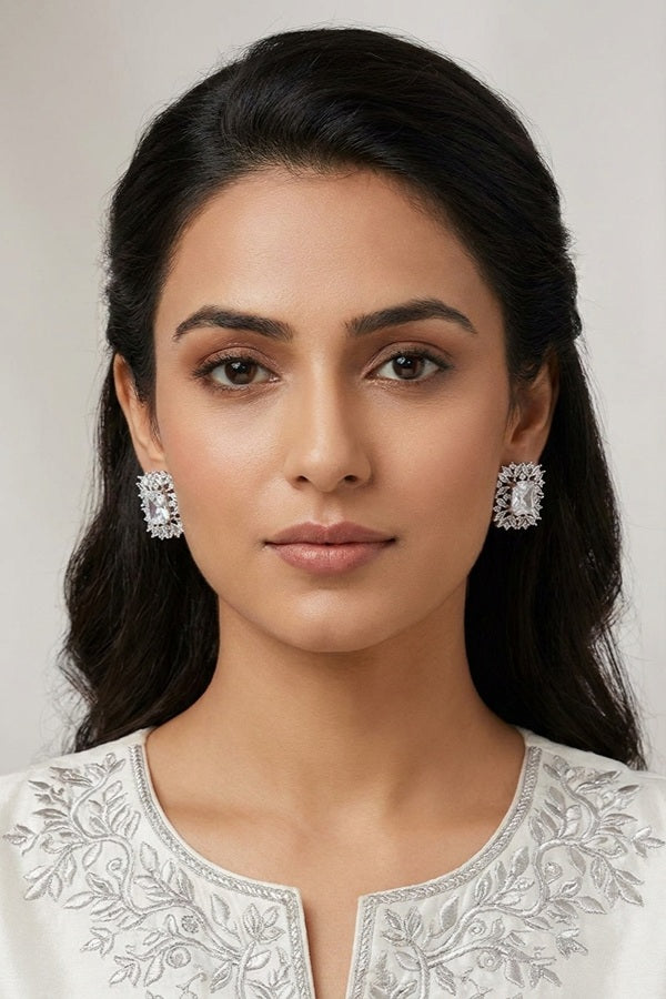 American Diamonds Studs With Center Stone In Silver Colour