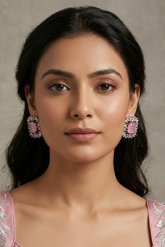 American Diamonds Studs With Center Stone In Pink Colour