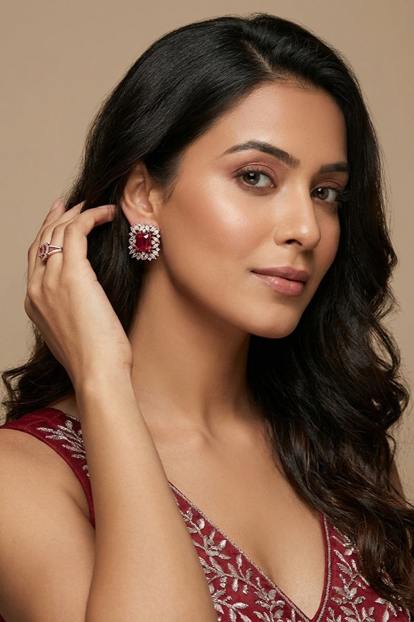 American Diamonds Studs With Center Stone In Red Colour