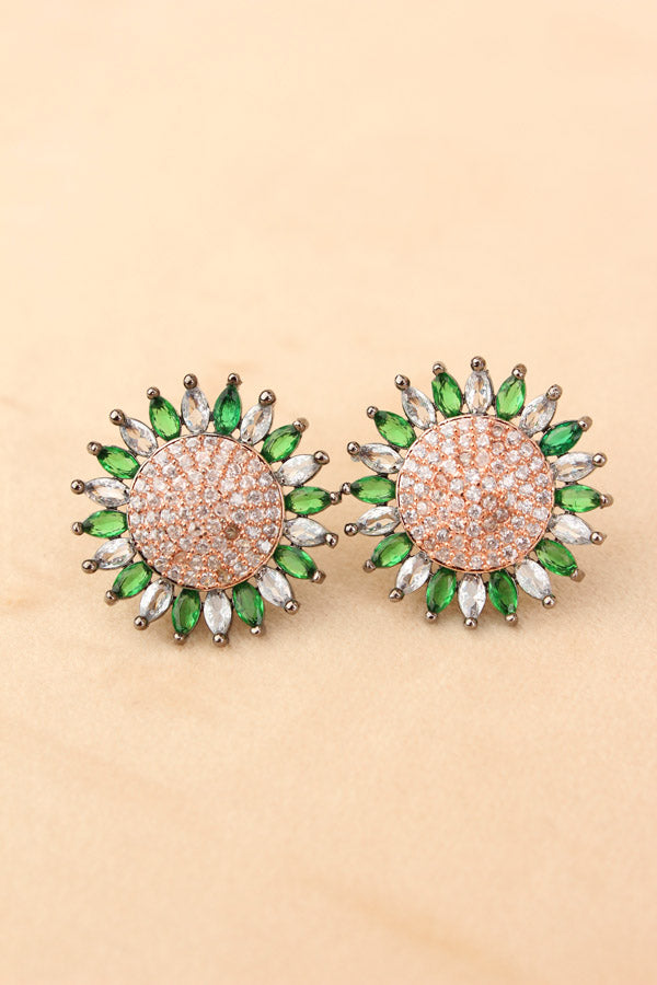 Flower Studs With Small American Diamonds In Green Colour (ST009-G-B1)